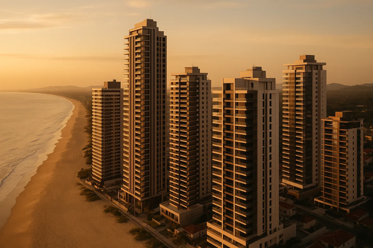 Vista aérea de prédios residenciais premium no litoral de Balneário Piçarras ao entardecer