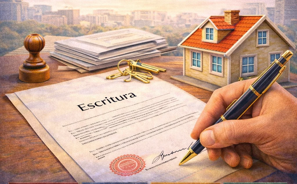Escritura de imóvel sendo assinada com chaves e maquete de casa ao lado