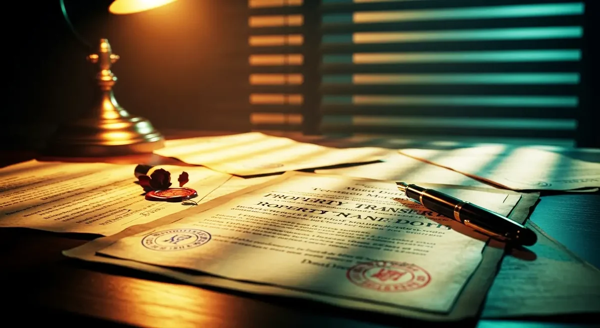 Documentos de registro e matrícula do imóvel sobre mesa de madeira